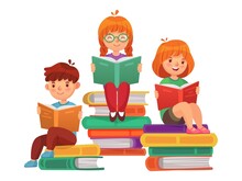 Kids Sitting On Stacks Of Books And Reading Literature. Boy And Girls Learning Or Studying. Teenage Children Having School Education. Pupils Holding Textbooks Getting Knowledge Vector Illustration