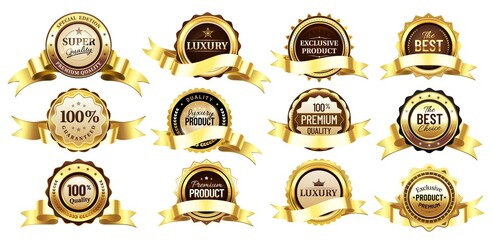 Wall Mural - Luxury golden badges with tapes or ribbons. Reward for premium or super quality. Best choice, exclusive product. Gold labels for shop business, round seal icon template vector illustration