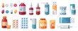 © Tartila - Cartoon medications. Medical drugs, tablets, capsules and prescription bottles. Blisters, syringe and painkiller drug vector pharmacy set. Health care and medical cure, illness treatment