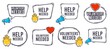 Volunteers needed banner. Help needed label with heart, helping hand and advertising horn loudspeaker icon. Volunteer search speech bubble banner frame vector set. Charity work service symbol