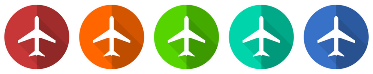Leinwandbilder - Plane icon set, flight, airplane, red, blue, green and orange flat design web buttons isolated on white background, vector illustration