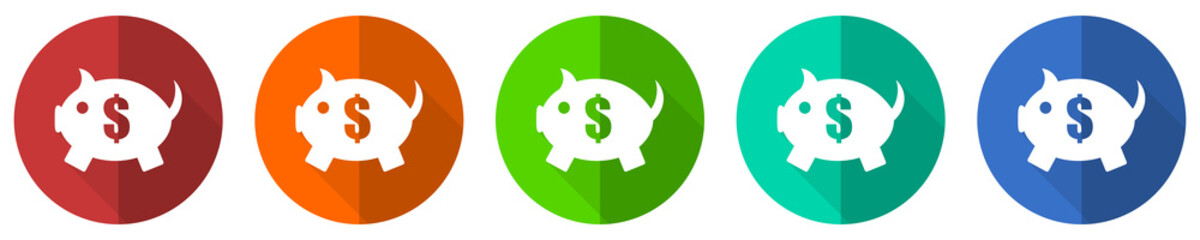 Leinwandbilder - Piggy bank icon set, red, blue, green and orange flat design web buttons isolated on white background, vector illustration