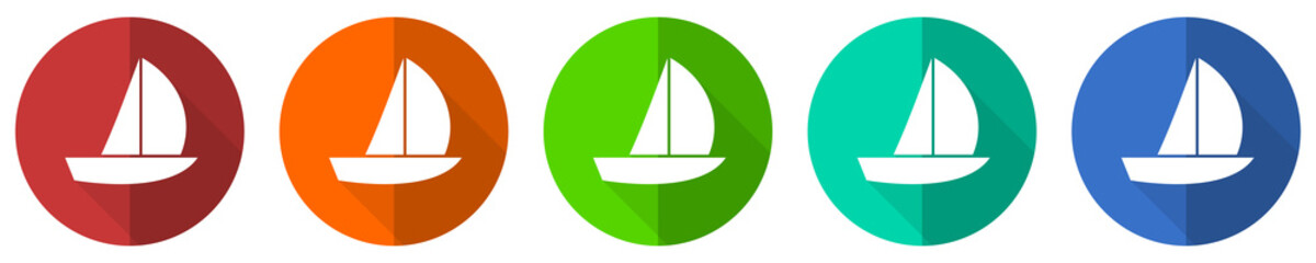 Aufkleber - Yacht icon set, red, blue, green and orange flat design web buttons isolated on white background, vector illustration