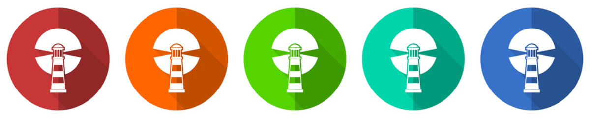 Aufkleber - Lighthouse icon set, navigation, sea, red, blue, green and orange flat design web buttons isolated on white background, vector illustration