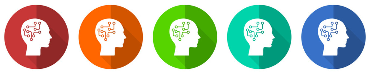 Leinwandbilder - Human head icon set, brain, human, circuit, red, blue, green and orange flat design web buttons isolated on white background, vector illustration