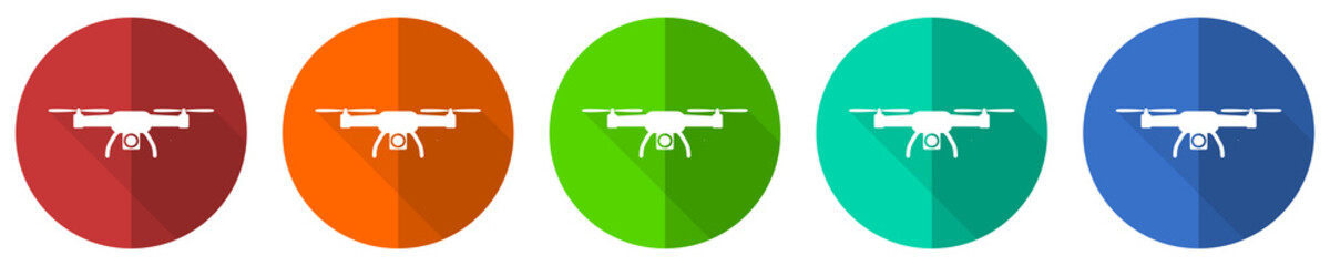 Poster - Drone icon set, copter, aerial camera, red, blue, green and orange flat design web buttons isolated on white background, vector illustration