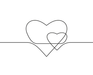 Continuous line drawing of two hearts, Black and white vector minimalist illustration of love concept made of one line