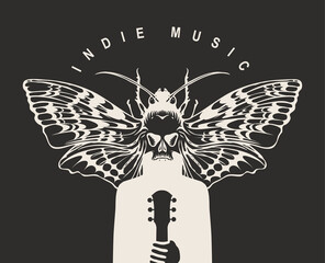 Wall Mural - Indie music festival poster with a mysterious winged creature with a moth instead of a head, who holds a guitar. Creative vector illustration, suitable for banner, flyer, invitation, playbill, cover