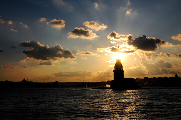 Wall Mural - Maiden's Tower with sunset sky in Istanbul, Turkey. Maiden's tower, the symbol of Istanbul.