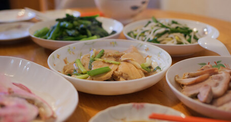 Canvas Print - Hong Kong style home cuisine, family dinner concept, steamed fish, fry vegetable and meat