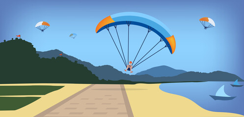 Vector Illustration of paraglider on paraglide falling on seaside boulevard, summer landscape with mountains, sea, beach, umbrella, palm. Facebook, site, web cover