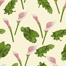 Seamless Pattern Of Pink Calla Lily Flowers With Leaves On Yellow Background. Blooming Flower For Your Design.