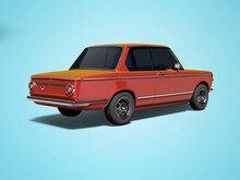 3D Rendering Red Classic Car With Tinted Windows Rear View On Blue Background With Shadow