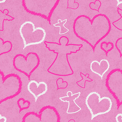 Wall Mural - Illustration pink and white angels and hearts background that is repeat and seamless