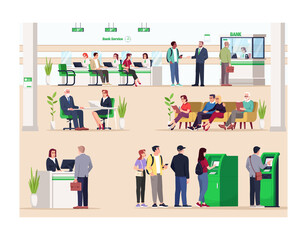 Poster - Bank lobby semi flat vector illustration. Financial consultation. Reception and waiting lounge. Queue to ATM terminal. Bank customers and managers 2D cartoon characters for commercial use