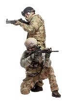 Military Special Forces Storm And Attack Special Operations, Two American Soldiers In Military Equipment With Weapons On A White Background, Airsoft Concept
