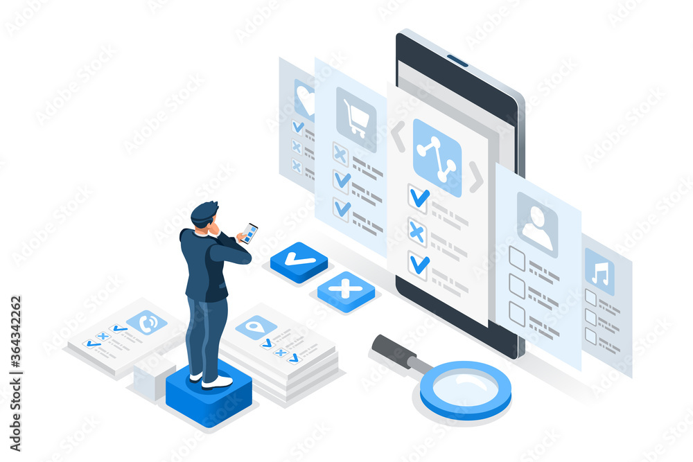 Test Request Form Cartoon Customer Man marks a form to test the experience. Man test people on a ...
