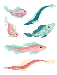 Wall Mural - set of sea exotic fishes flat vector illustration isolated on white background