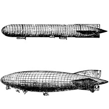 Vintage Engraving Of An Airship, Dirigible Aircraft