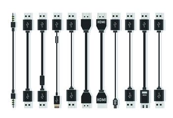 Different types of universal computer cable connectors, cables Type-A, Type-B, Mini-USB, USB Micro B, Micro-USB HDMI, Lightning, 30-pin USB,LAN wire