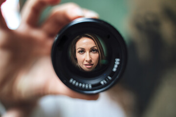 close up portrait through a lense blonde hair