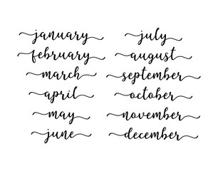 hand lettered months of the year set. calligraphy words january, february, march, april, may, june, 