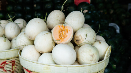 Wall Mural - .cantaloupe melon for sale in fruit markets. Growing and caring for cantaloupe melon