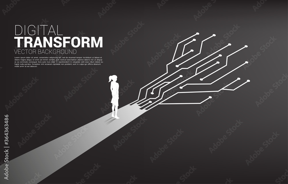 Silhouette of businesswoman standing on the way with dot connect line circuit. concept of digital transformation of business. - obrazy, fototapety, plakaty 