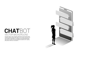 Poster - Silhouette of businesswoman standing with bubble speech on mobile phone. concept of chat bot engine and communication.