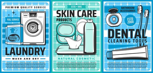 Laundry and hygiene, health and skincare washing, vector posters. Laundry service washing machine detergent, skincare toiletries cosmetics, face cleanser, wet wipe towels, toothpaste and toothbrush