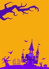 Sticker - Vector illustration of halloween background. Orange background with flying bats, old house, trees.