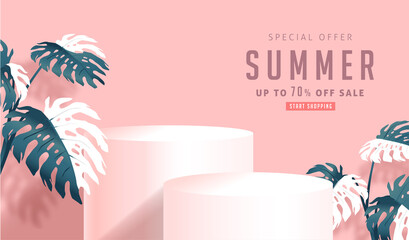 Wall Mural - Summer sale design with product display cylindrical shape and monstera leaves decorating bright Color background.