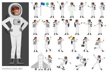 set of astronaut woman people working character vector design. presentation in various action with e