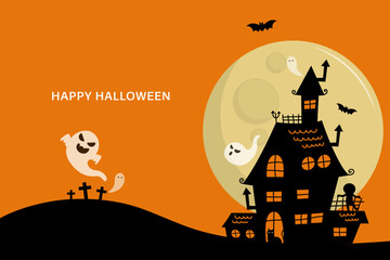 Happy halloween greeting card with haunted house and scary ghosts.