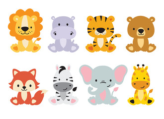 Leinwandbilder - Cute wild animals set including lion, tiger, hippo, bear, fox, zebra, giraffe, and elephant. Safari jungle animals vector. Woodland animal illustration.
