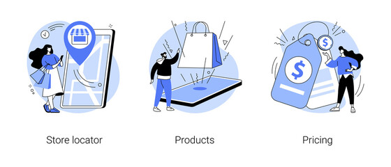 E-commerce website abstract concept vector illustration set. Store locator, product, pricing, website menu bar, find us, service catalog, retail store, online shopping, wishlist abstract metaphor.