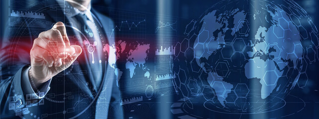 Wall Mural - futuristic earth globe hologram and hud interface panels control dashboard. business intelligence 3d