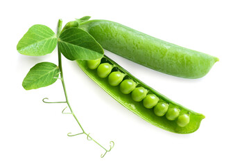 Fresh green peas pod with leaves isolated on white