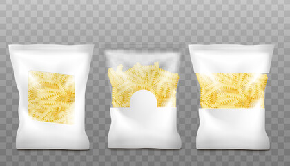 Realistic pasta package mockup set - white plastic bag with clear window