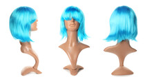 Mannequin With Bright Female Wig On White Background. Front, Side And Back View