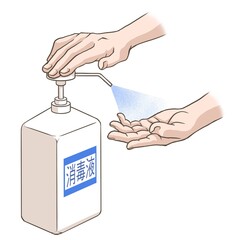 Wall Mural - A white person's hand pressing the pump bottle (on which a label with Japanese letters meaning 