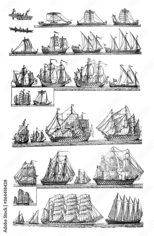 Sailingships different types of Antique sailing ships / Vintage and Antique illustration from Petit Larousse 1914	 - obrazy, fototapety, plakaty 