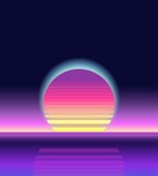 Fototapeta Zachód słońca - Sunrise, sunset. Retrowave, synthwave, rave, vapor, cyberpunk background. Futuristic dream. Yesterday’s tomorrow. Trendy retro 80s, 90s style. Black, purple, pink, blue colors. Banner, print wallpaper
