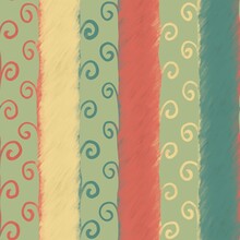 Seamless Pattern Of Hand-drawn Spirals On Vertical Lines. Multicolored Swirls Connected To Red, Green And Yellow Stripes Grows Up Like Plants On Pastel Background. Wrapping Paper, Textile, Wallpaper.