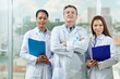 © DragonImages - Portrait of positive confident doctors in white labcoats standing in clinic and smiling at camera