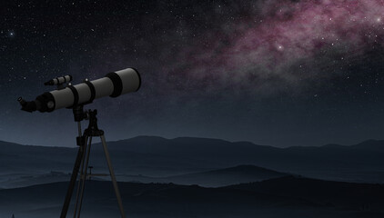 telescope placed in a mountain site pointing at the milky way, concept of astronomical observation, 
