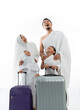 © Odua Images - happy family umrah suprised while looking up. hajj asian parent with children isolated over white background