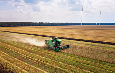 Fototapete - Harvesting machine working in the field. Top view from the drone.