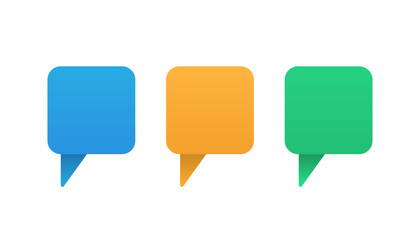Wall Mural - Speech message in bubble style. Blue, orange and green gradient chat dialogue. Square baloon conversation template. Blank text messaging mockup. Editable comment dialog. Vector EPS 10.
