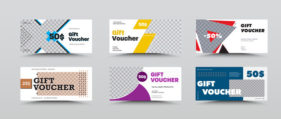 Wall Mural - layout of white gift vouchers with geometric color design and place for a photo, certificate for the